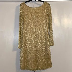 Marina pleated Long Sleeve Round Neck V-Back Detailed Metallic Knit Shift Dress.